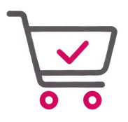 Einkaufswagen-Icon mit rotem Haken, Symbol für Online-Shopping und Kaufabschluss
